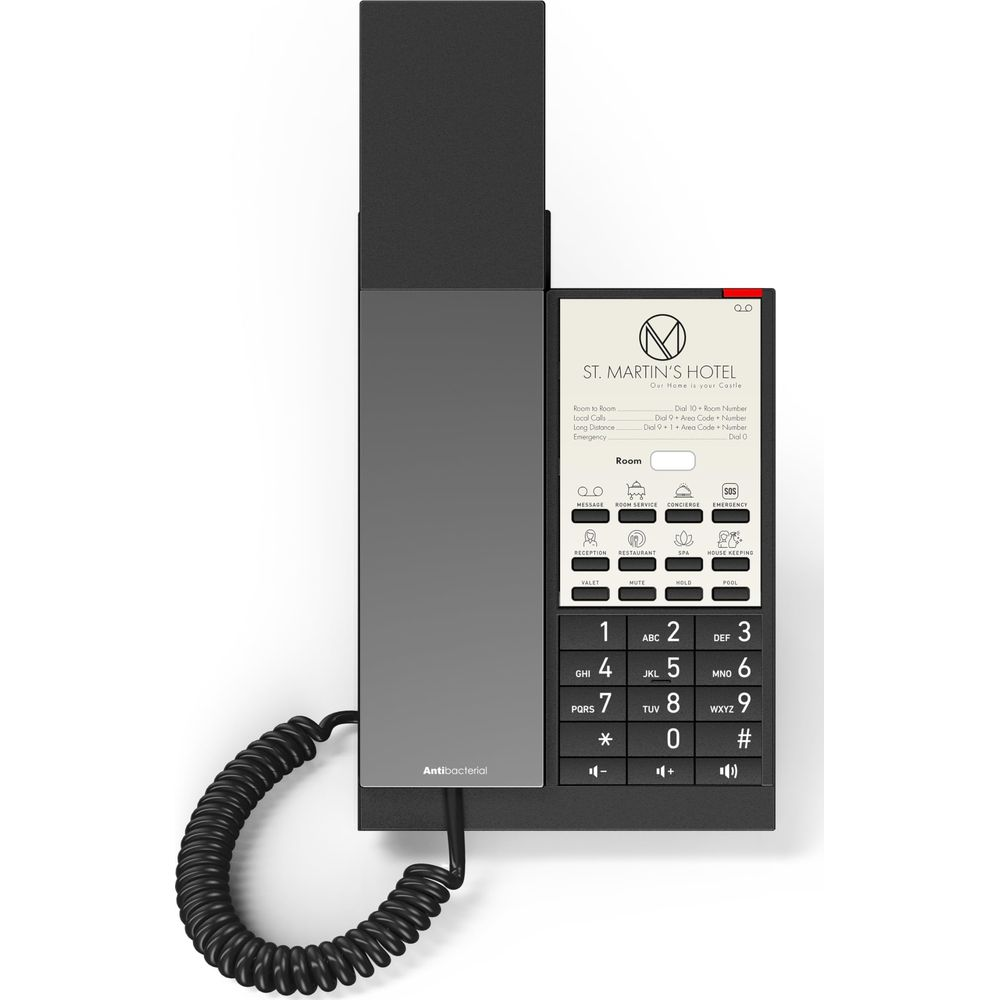 Ein schwarzes Hoteltelefon mit Tastenfeld und Display mit Hotelinformationen.