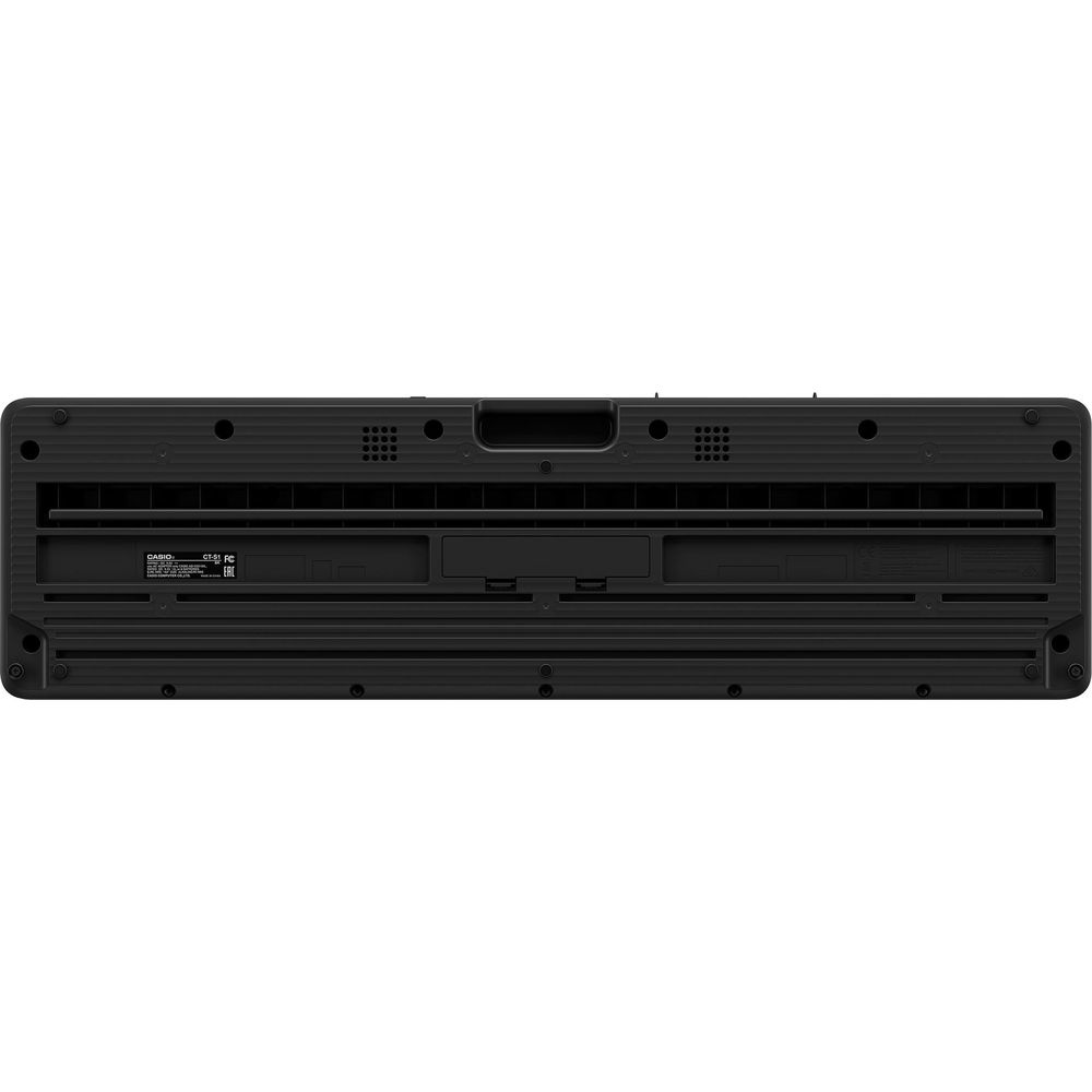 Arrière d'un clavier noir avec grilles de haut-parleurs et ports.