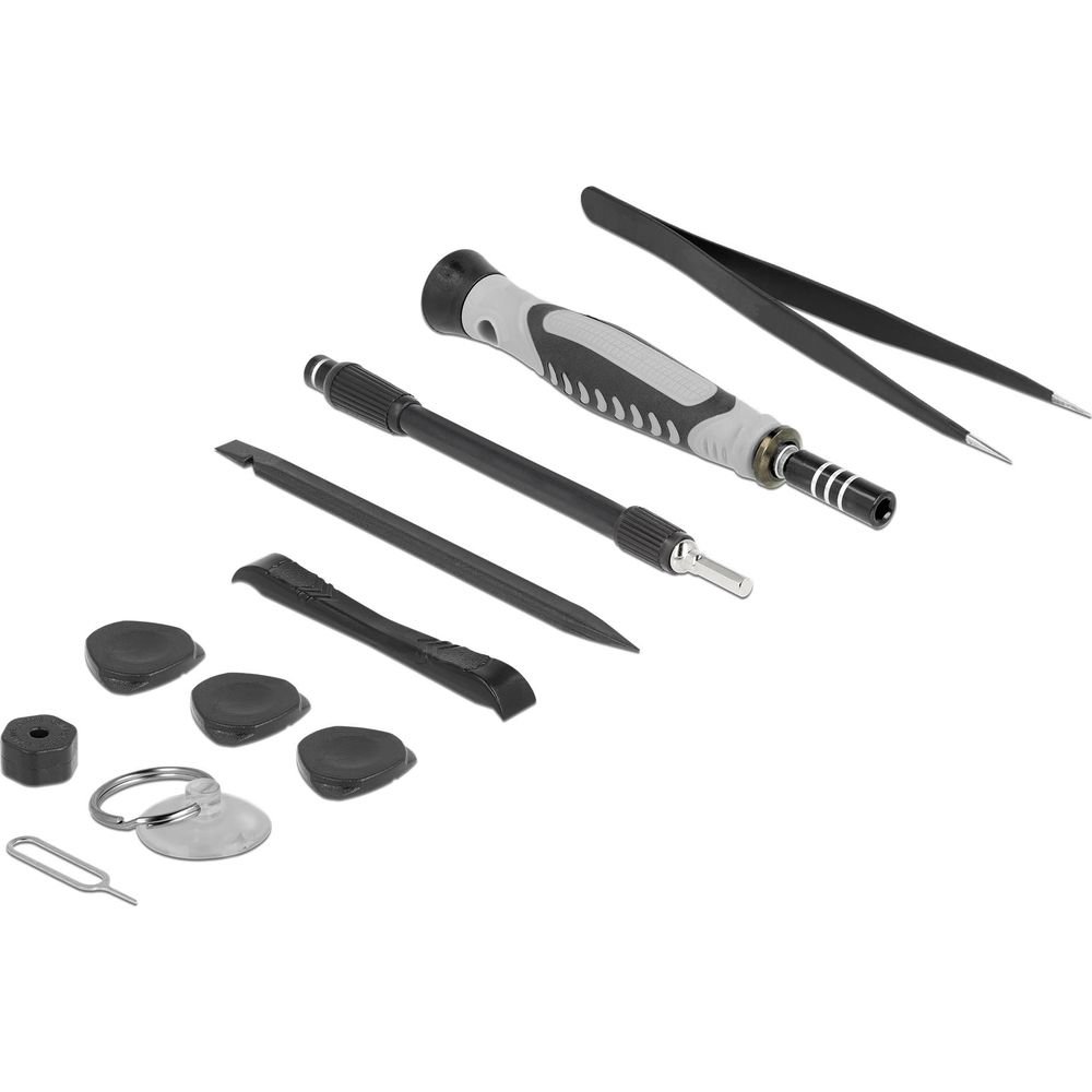 Kit di attrezzi con cacciavite, pinzette, ventosa e leve.