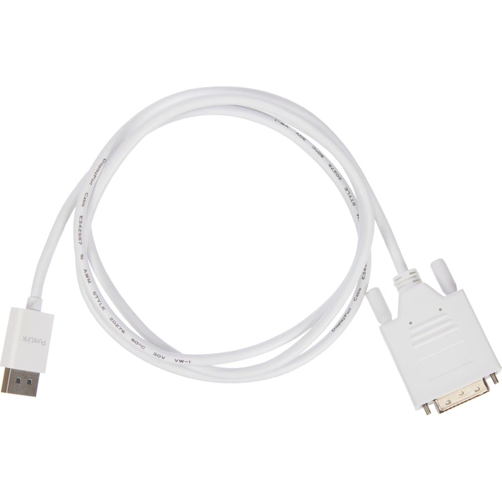 Ein weißes DisplayPort-zu-DVI-Kabel mit PureLink-Logo.