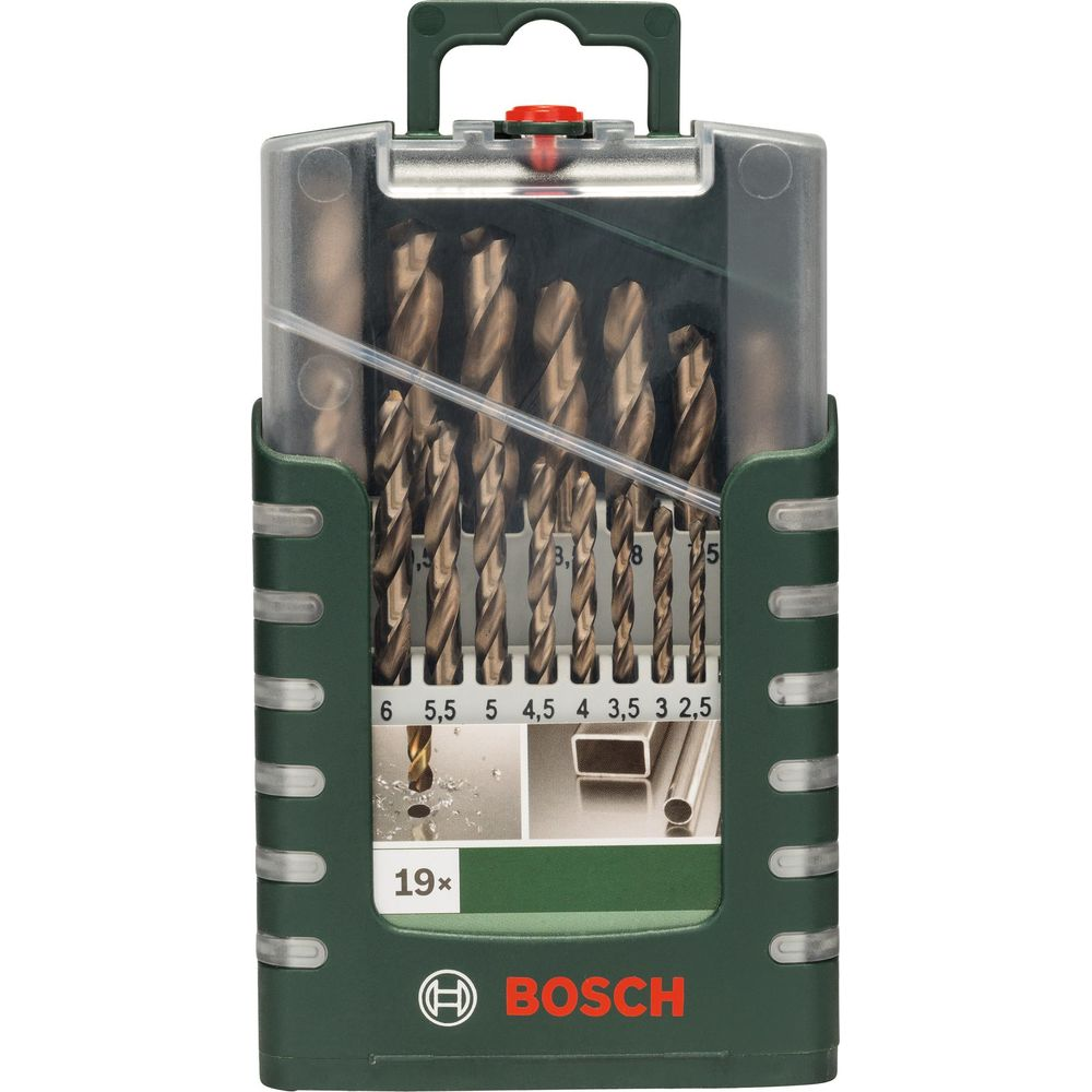 Bosch Bohrer-Set in grüner Kunststoffbox mit 19 Teilen und Größenangaben.