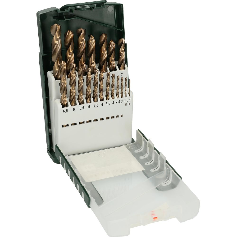 Ein Satz Metallbohrer in einer grünen und weißen Aufbewahrungsbox mit Größenangaben.