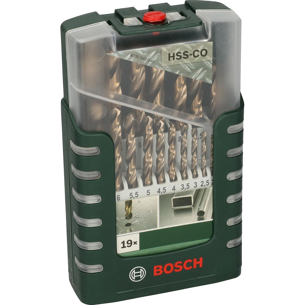 Grünes Bosch-Etui mit 19 HSS-CO Metallbohrern in verschiedenen Größen.