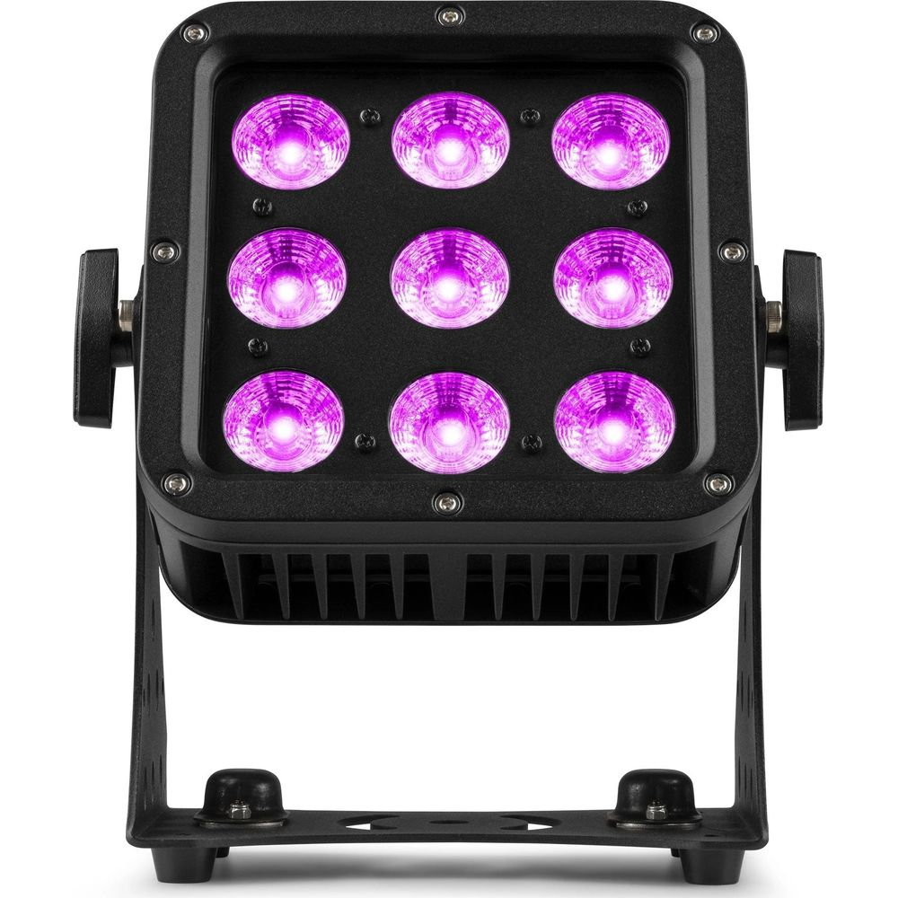 Luminaria de luz negra con 9 LED morados, montada en un soporte.
