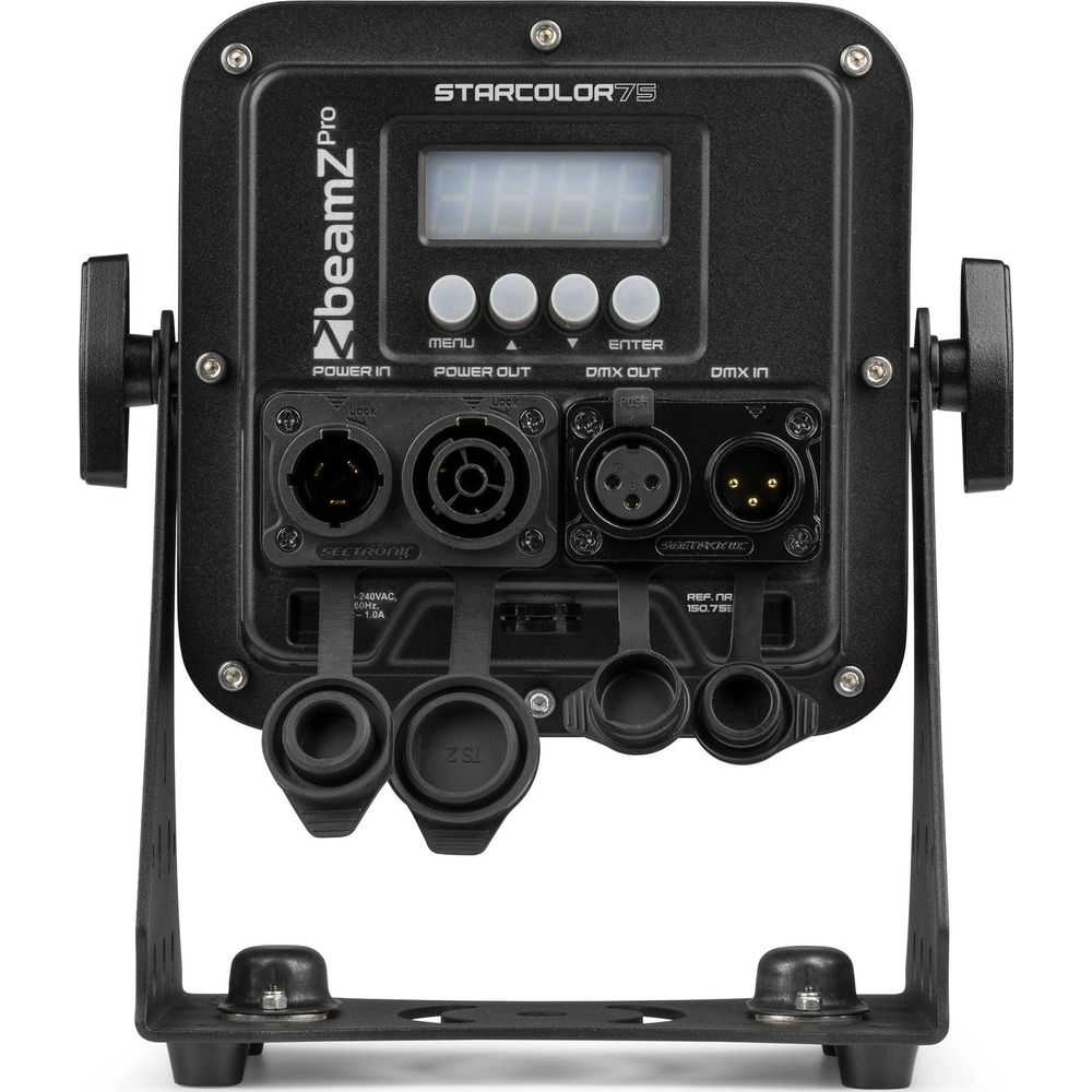 Parte trasera de un foco BeamZ Pro Starcolor75 negro con conectores y pantalla.