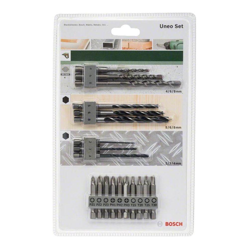 Zestaw Bosch Uneo z wiertłami i bitami w opakowaniu.