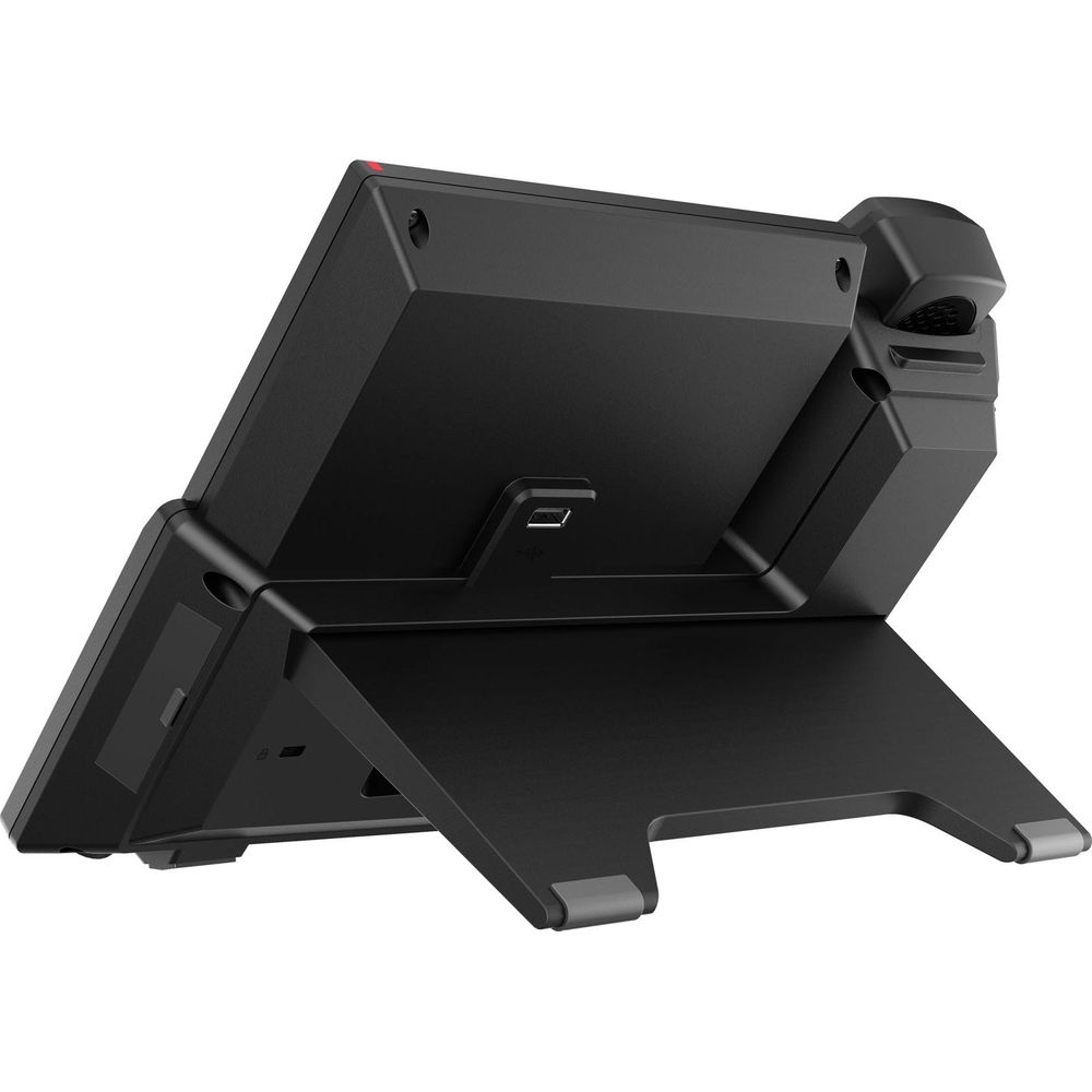 Widok z tyłu czarnego telefonu biurkowego na stojaku z czerwonymi akcentami.