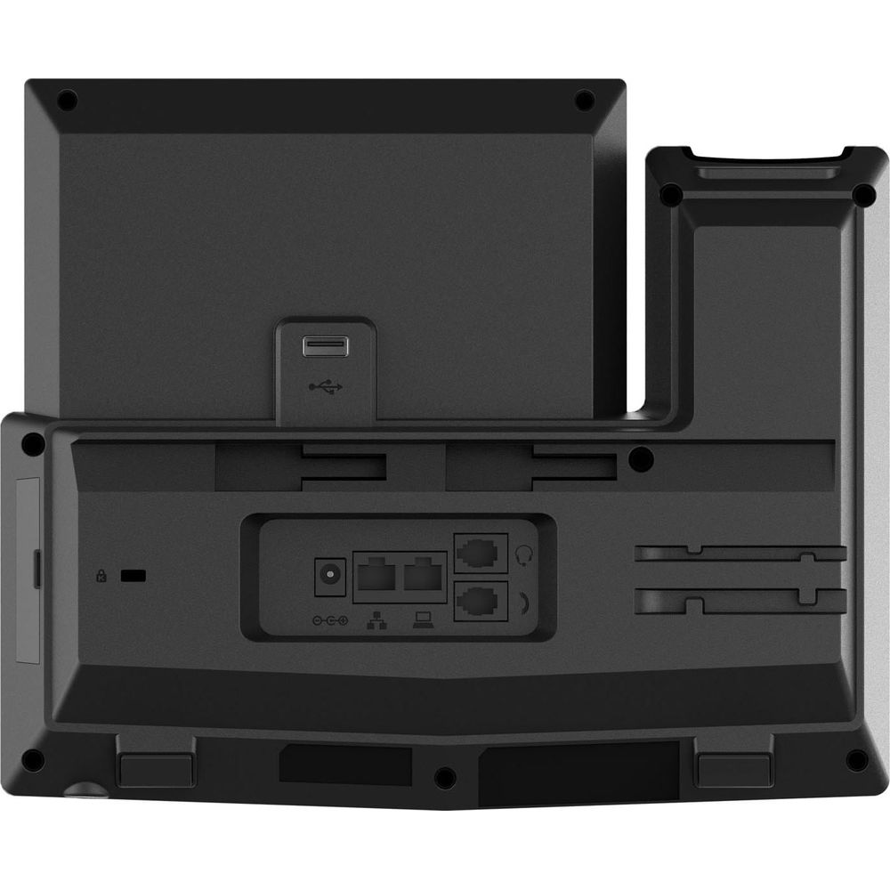 Tylna część czarnej słuchawki biurkowej z portem USB i interfejsami sieciowymi.