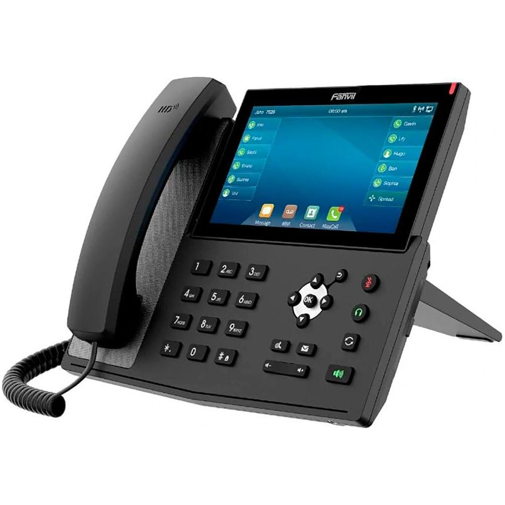 Czarny telefon biurkowy Fanvil z ekranem dotykowym i odłączaną słuchawką.