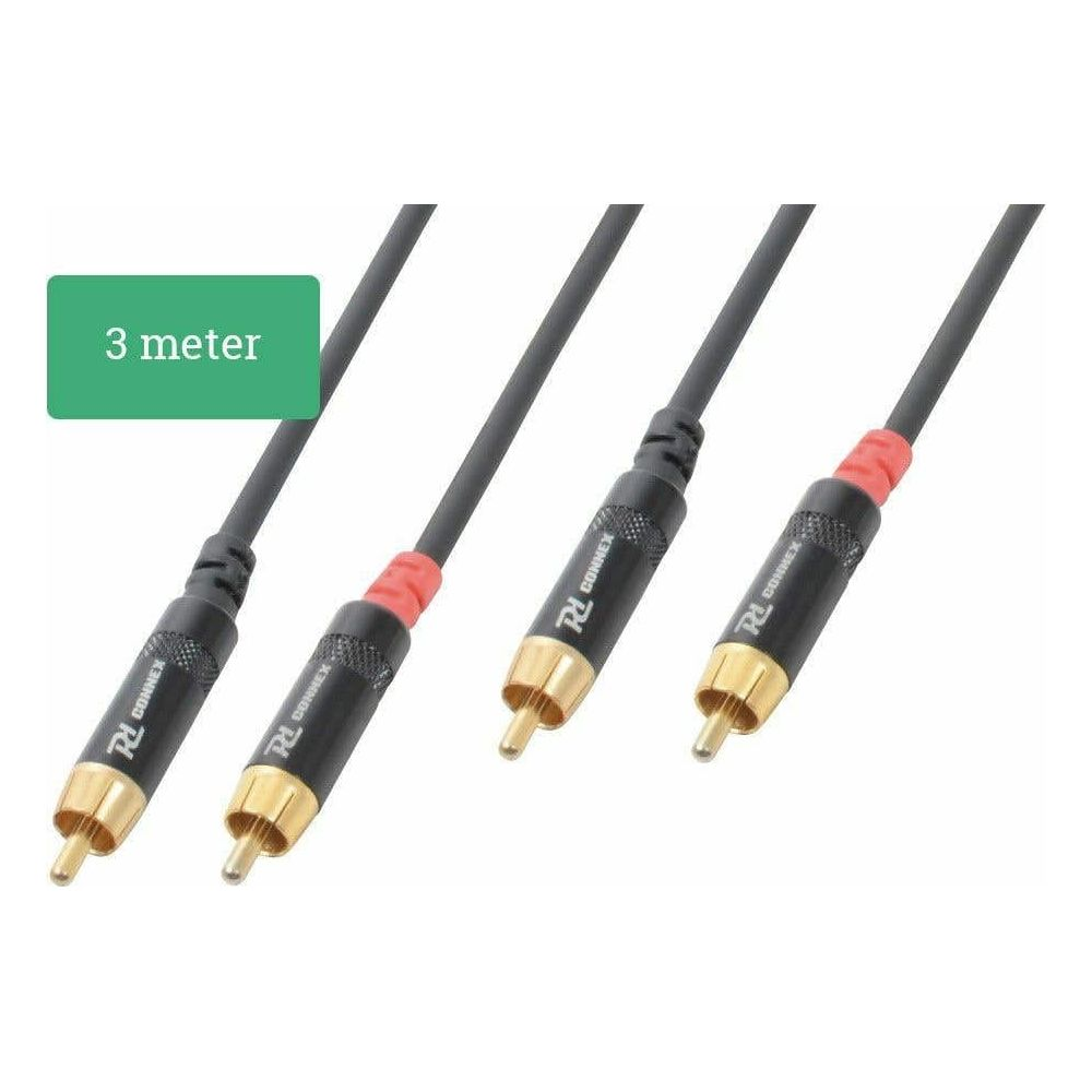 Tres cables RCA de 3 metros con conectores dorados y detalles rojos.