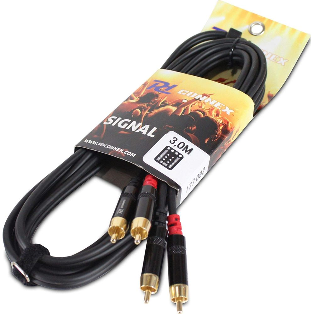 Cable de audio negro con conectores RCA y marca roja, longitud 3,0 m.