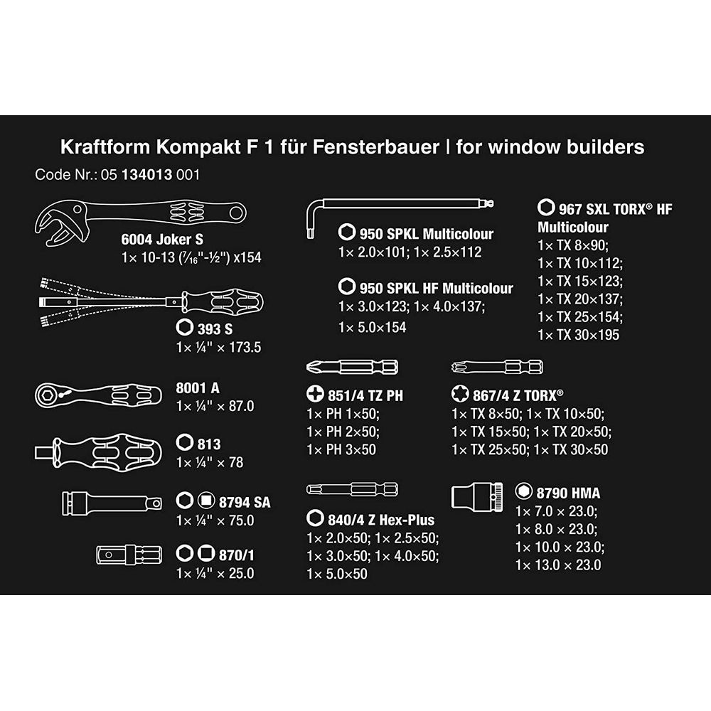 Zestaw narzędzi z różnymi śrubokrętami, bitami i kluczami w kolorze białym na czarnym tle.