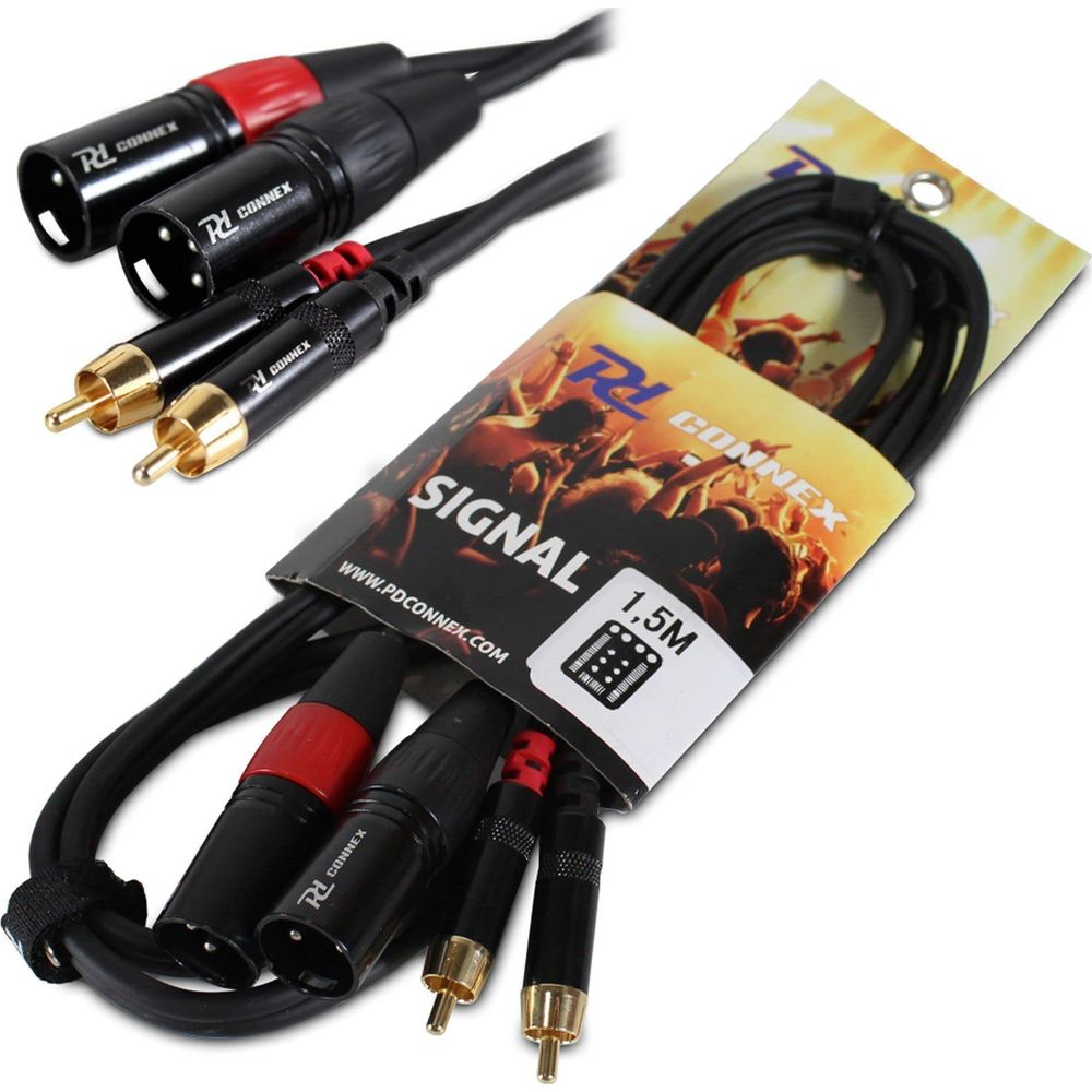 Dos cables de audio con conectores XLR y RCA, empaquetados con etiqueta.