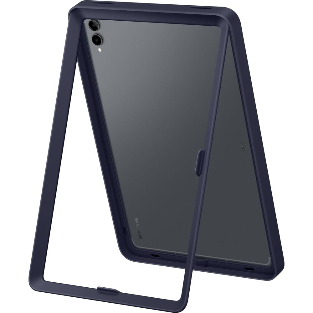 Supporto per tablet blu scuro con retro trasparente e due fotocamere.