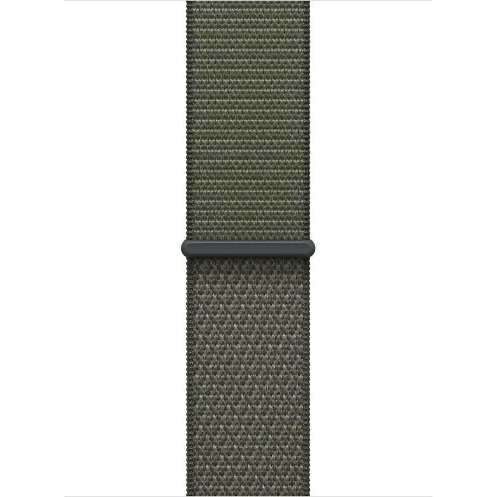 Een olijfgroene stoffen horlogeband met donkergrijze connector.