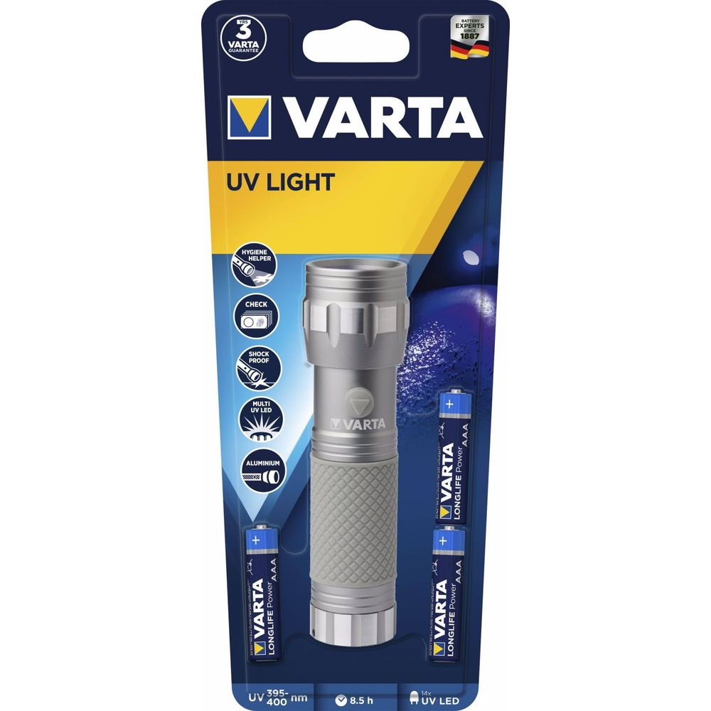 Lampe torche UV Varta avec 2 piles AAA sur blister.