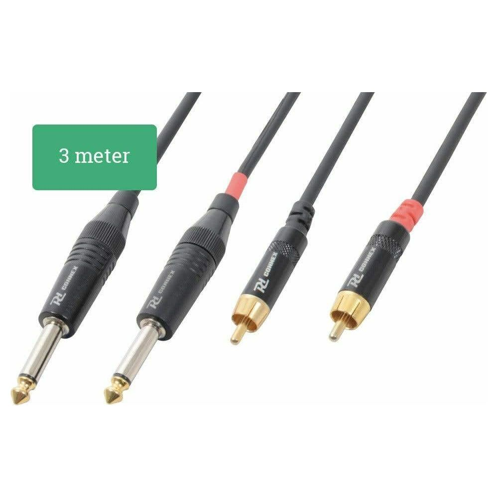 Cuatro cables con varios conectores, incluyendo jack y RCA. Una etiqueta verde dice "3 meter".