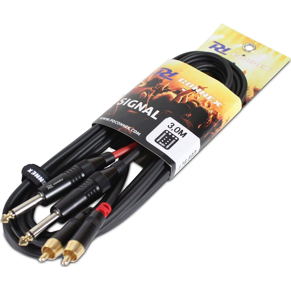 Un cable de audio negro con conectores de 3,5 mm y un enchufe de 6,35 mm.