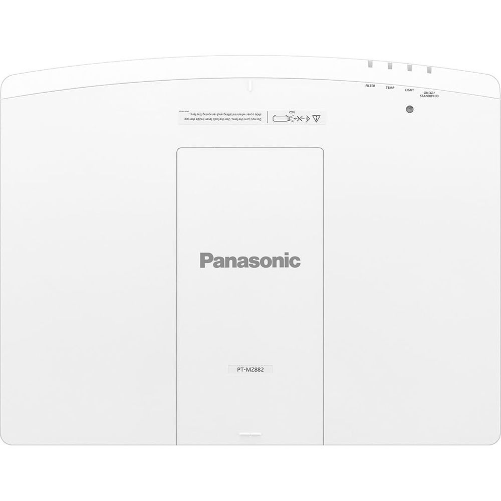 Weiße Panasonic Projektor-Oberseite mit Beschriftungen und Anzeigen.