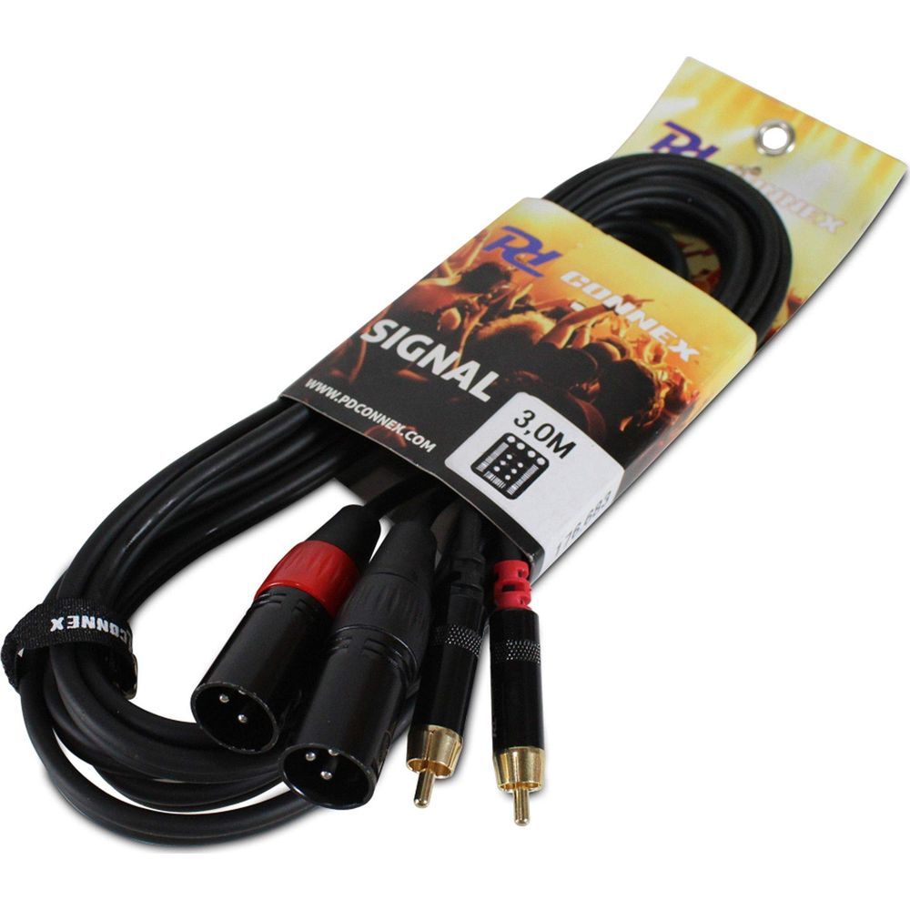 Cable de audio negro con conectores XLR y RCA, longitud de 3,0 m.