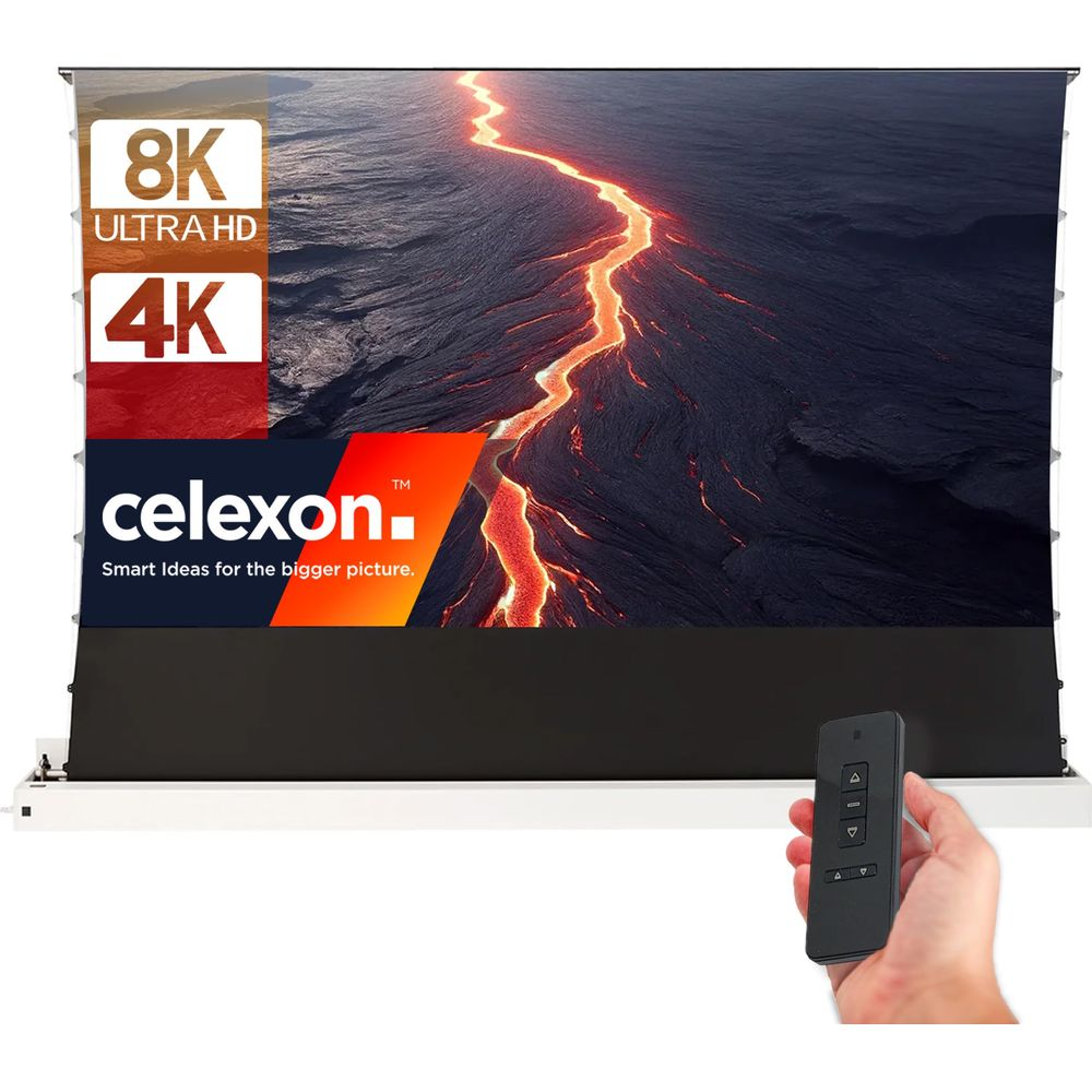 Ein celexon-Bildschirm mit 8K/4K-Logo zeigt fließende Lava. Fernbedienung in Hand.