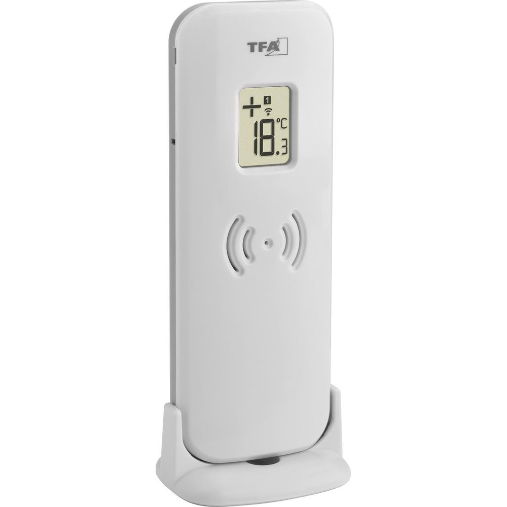 Ein weißes TFA-Thermometer mit digitaler Anzeige von 18,3 Grad Celsius.