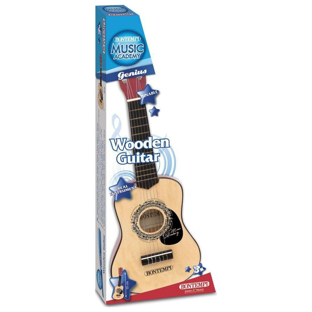 Holzgitarre in Verpackung, Aufschrift Bontempi Music Academy Genius.