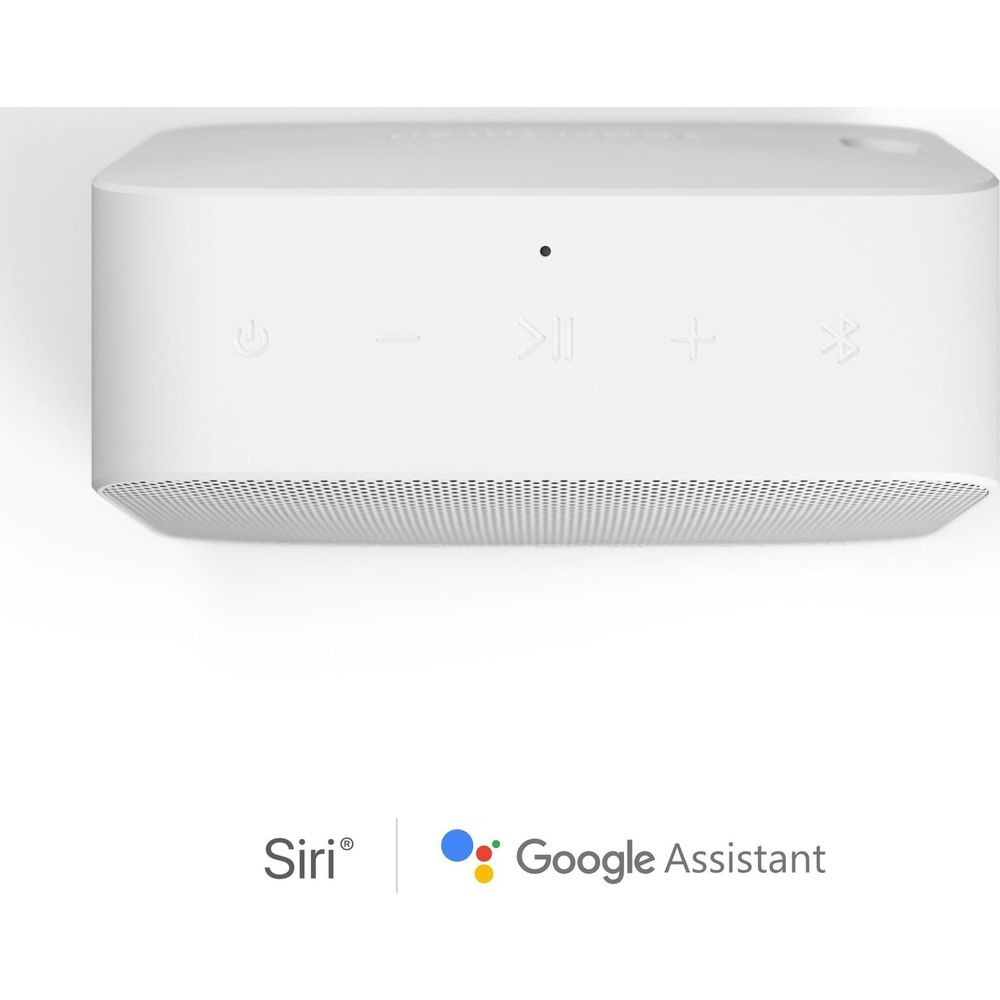 Ein weißer smarter Lautsprecher mit Bedienelementen und Logos von Siri und Google Assistant.