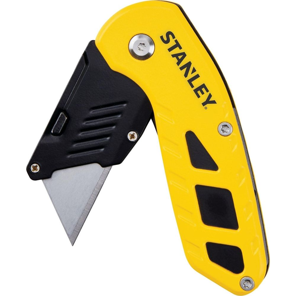 Ein gelber Stanley-Klappmesser mit ausgefahrener Klinge und schwarzem Griff.