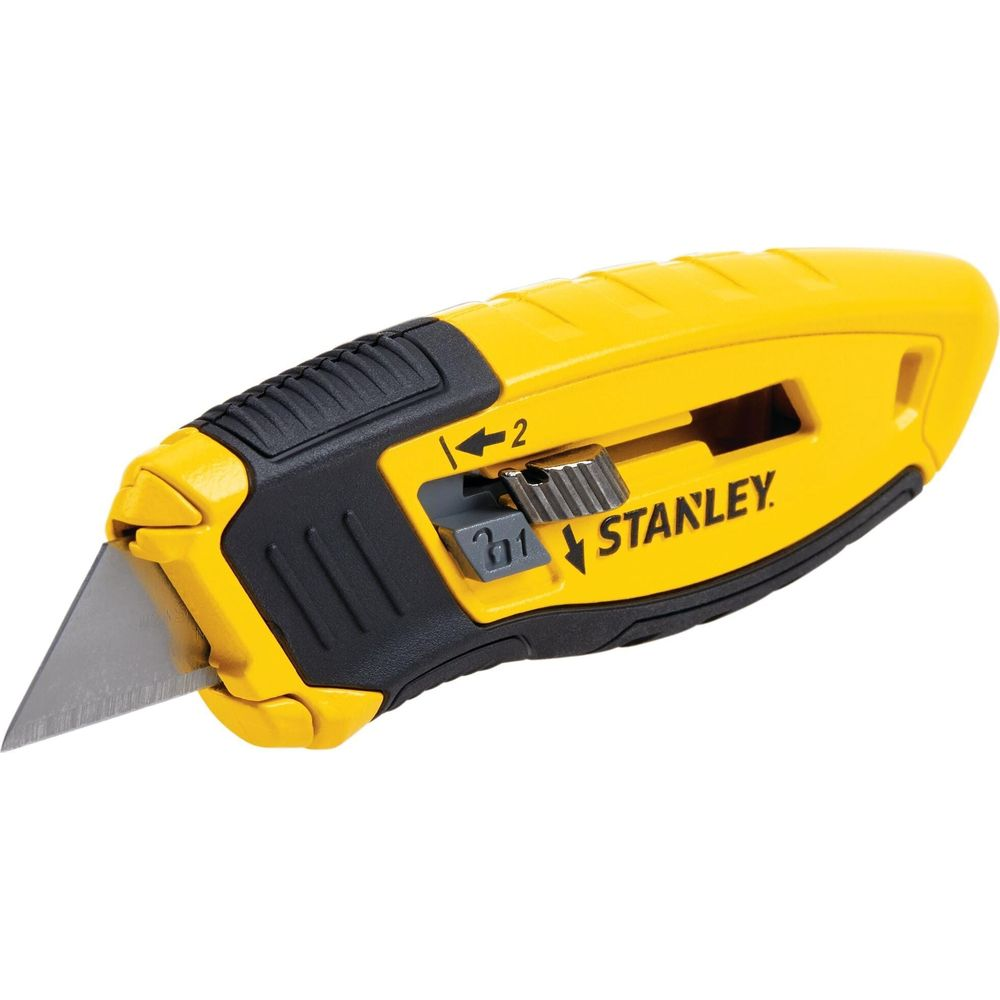 Sarı renkli Stanley maket bıçağı, siyah saplı ve uzatılmış bıçaklı.