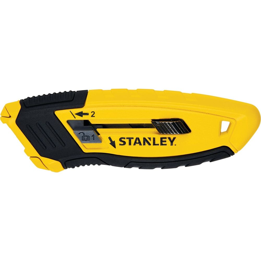 Sarı Stanley maket bıçağı, siyah tutamaklı ve bıçak ayarlı.