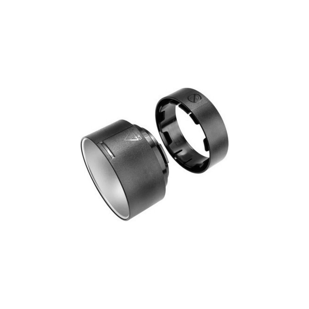 Deux parties d'objectif cylindriques noires, une avec marquage, sur fond blanc.