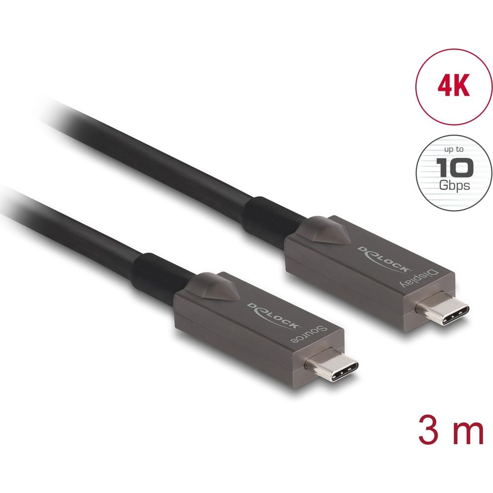 Czarny kabel USB-C 3m, obsługa 4K, 10 Gbps.