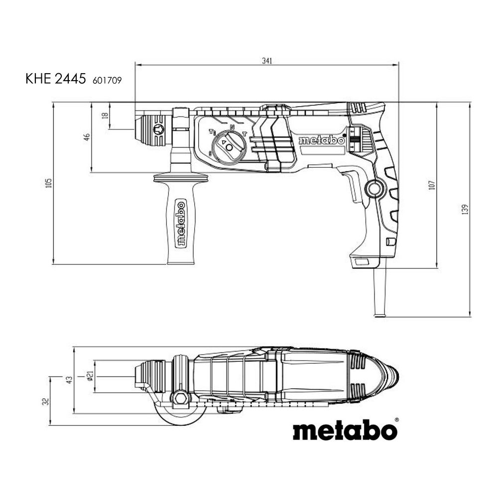 Disegno tecnico di un tassellatore Metabo con dimensioni.