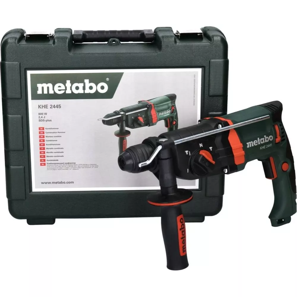 Un martello perforatore Metabo KHE 2445 con valigetta, attrezzo e accessori.