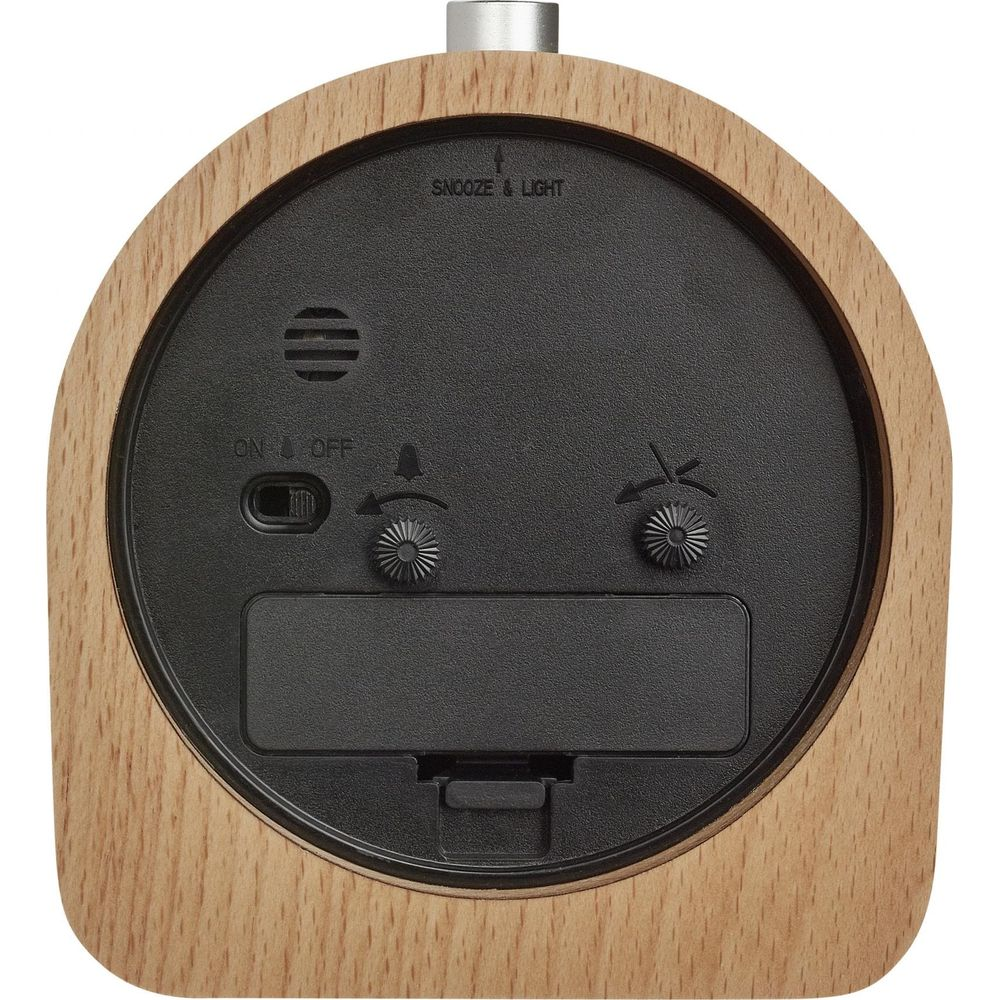 Arrière d'un réveil en bois avec commandes et symboles noirs.