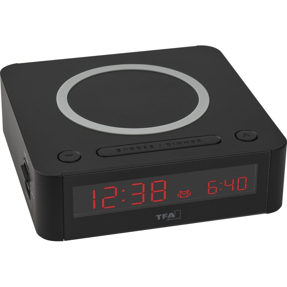 Schwarzer Wecker mit rotem Digitaldisplay zeigt 12:38 und 6:40.
