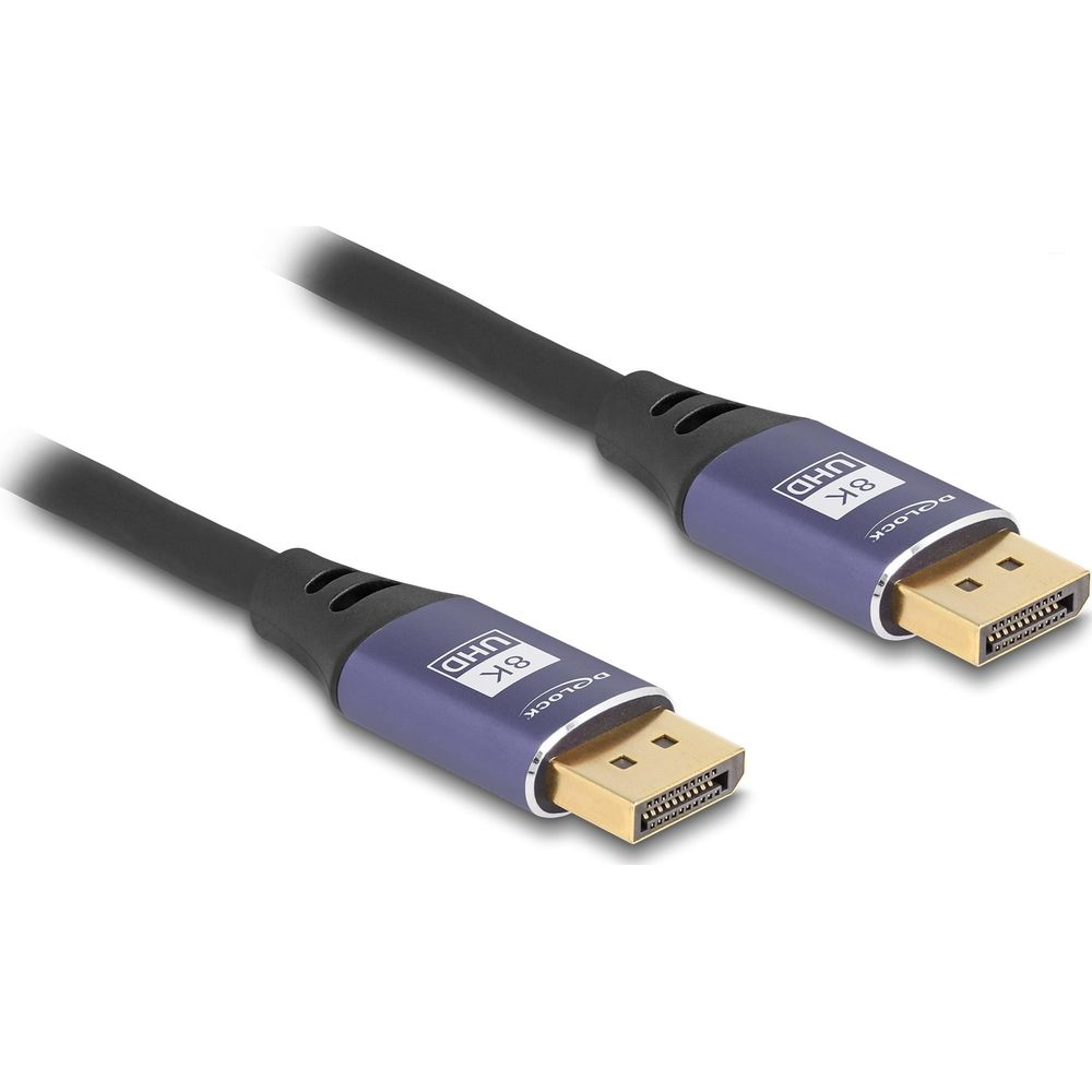 Zwei schwarze Kabel mit blauen Anschlüssen, die für 8K UHD gekennzeichnet sind.