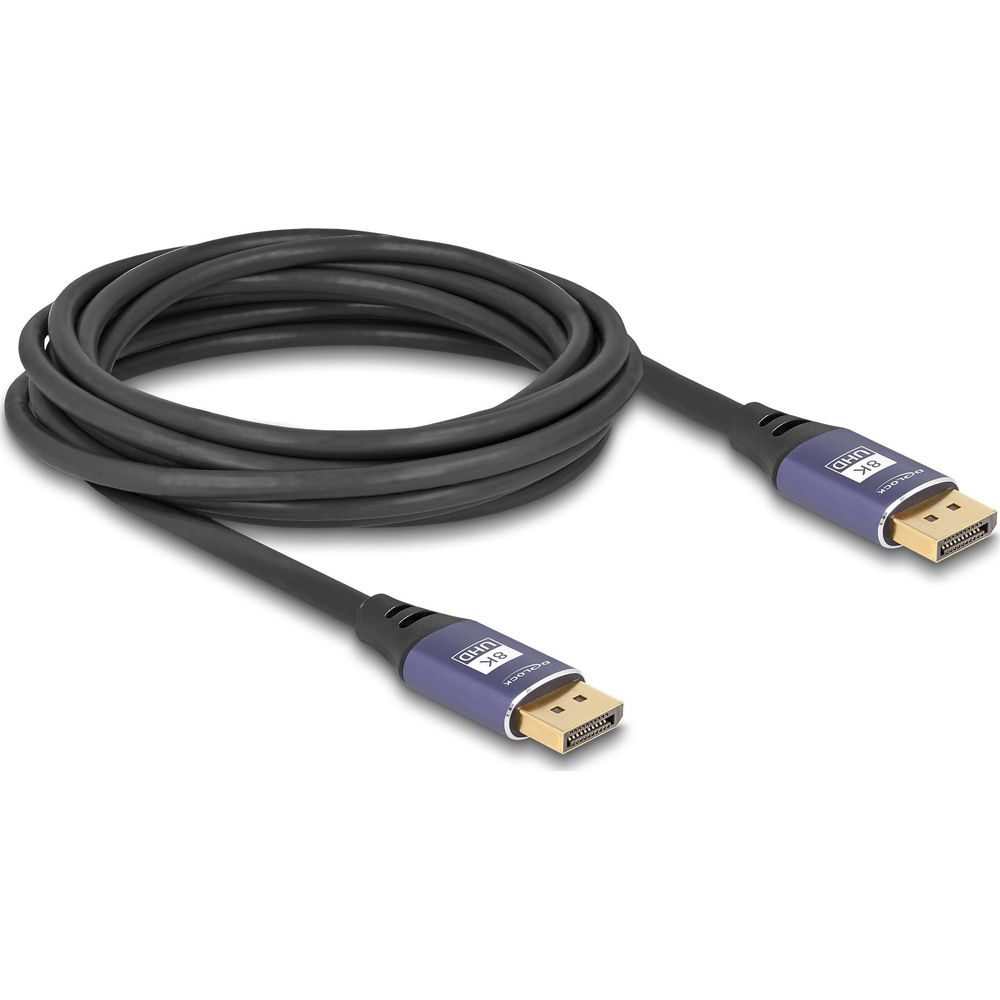 Ein schwarzes 8K-UHD-DisplayPort-Kabel mit goldenen Anschlüssen.