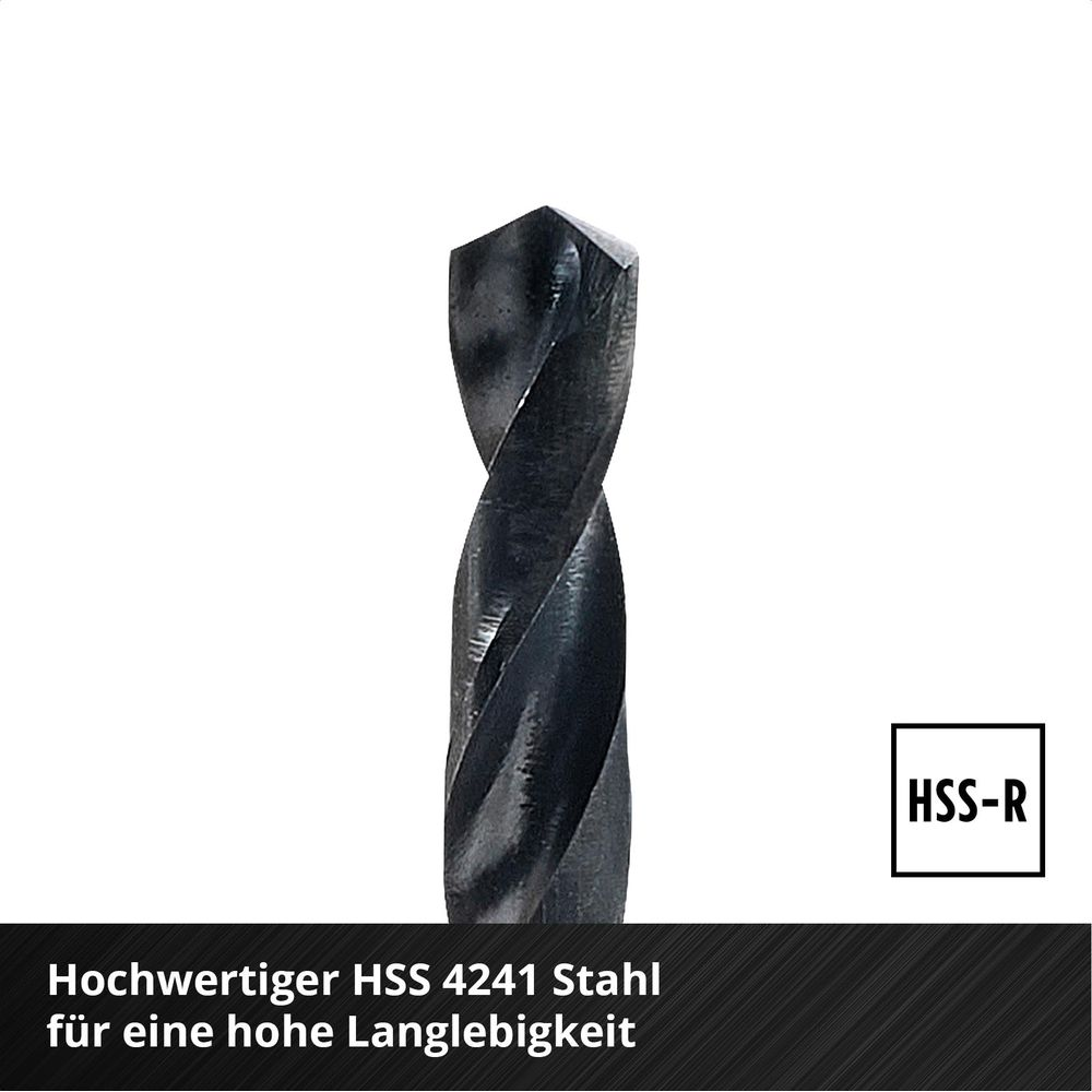 Ein schwarzer Spiralbohrer aus HSS-Stahl mit spitzem Ende.