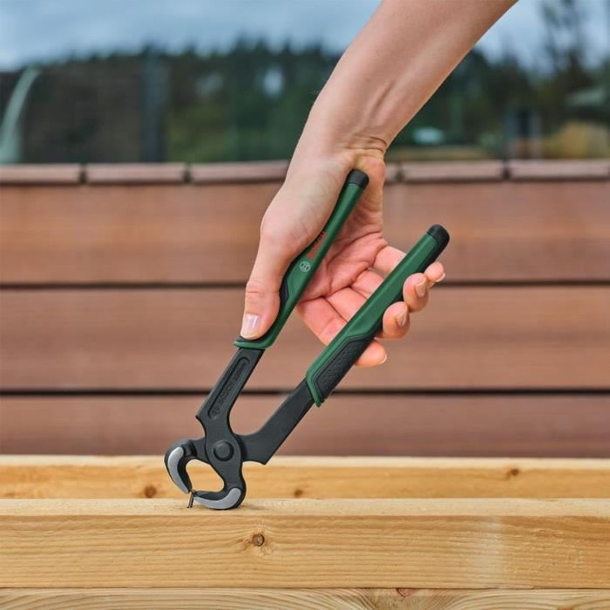 Eine Hand hält eine Zange, um einen Nagel aus Holz zu ziehen.