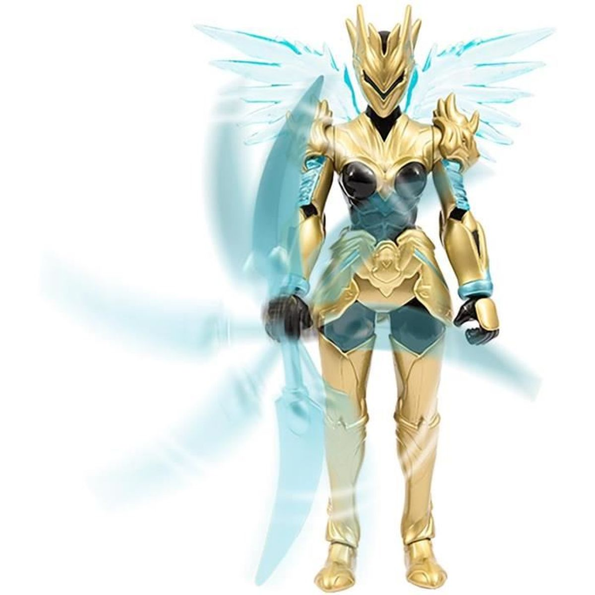 Goldene Figur mit Flügeln und blauem Schwert. Weißer Hintergrund.