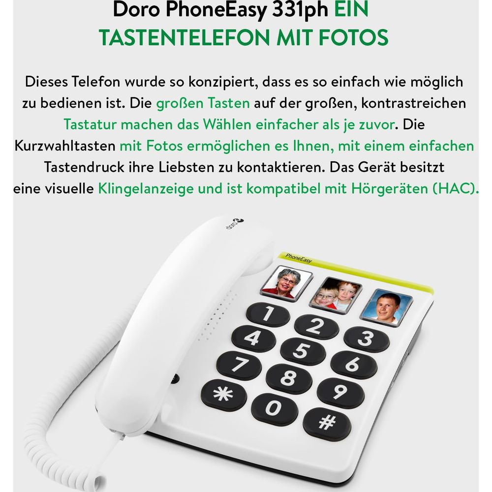 Un Doro PhoneEasy 331ph bianco con tasti grandi e contatti fotografici.