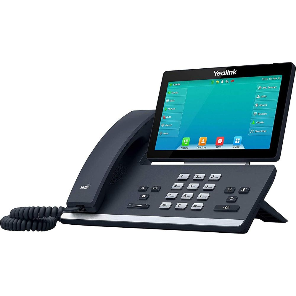 Ein graues Yealink-Tischtelefon mit einem großen Touchscreen-Display, das Kontakte anzeigt.