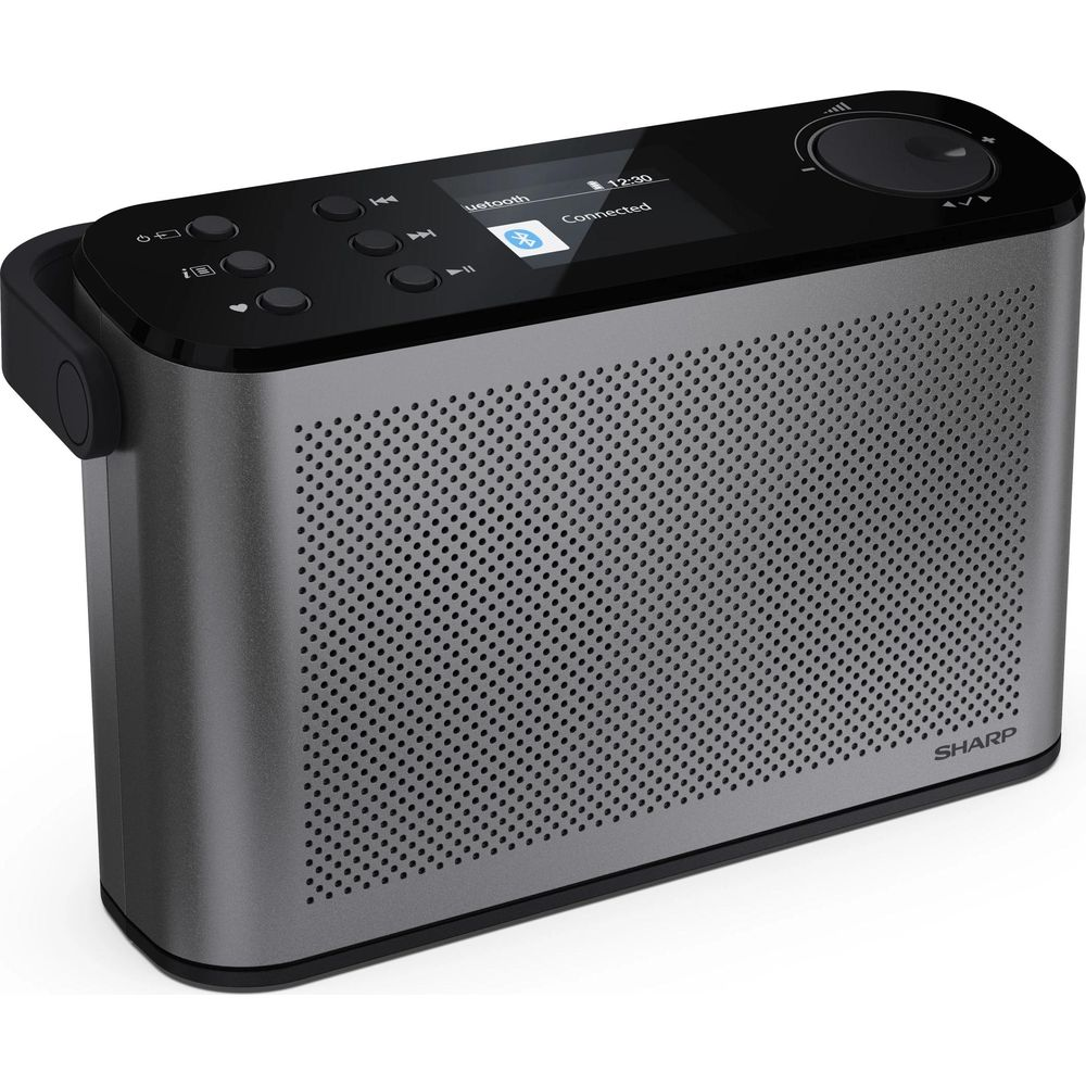 Ein grauer Sharp Bluetooth-Lautsprecher mit einem Bildschirm und Bedienelementen.