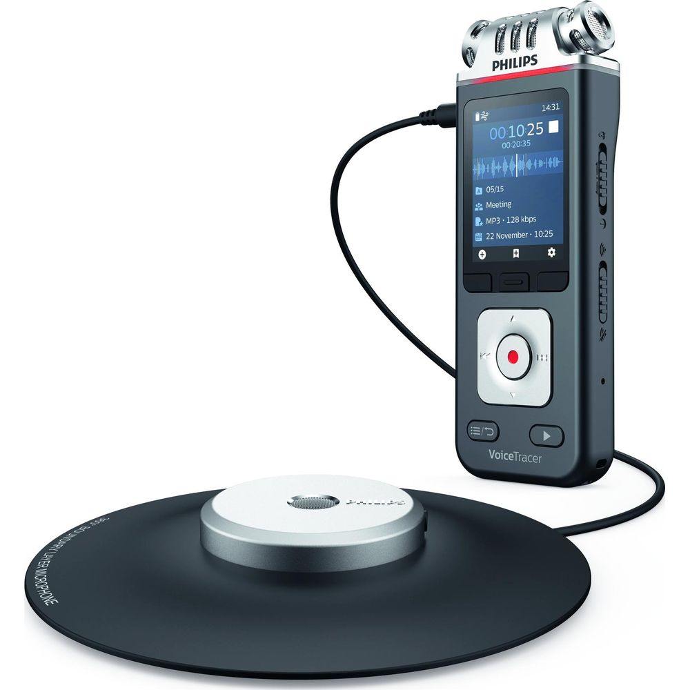 Ein Philips VoiceTracer Diktiergerät mit Mikrofon und schwarzer Unterlage.