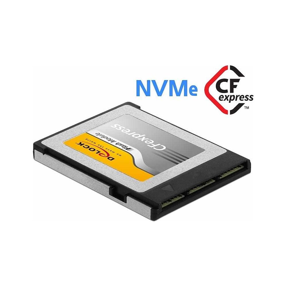 Un modulo di memoria CFexpress Type B con tecnologia NVMe. Etichettatura gialla e argentata.
