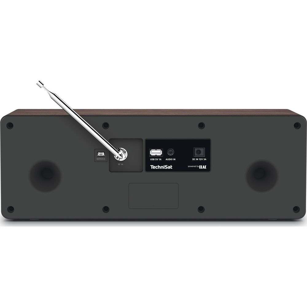 Tył ciemnoszarego głośnika z akcentami drewna, pokazujący porty: USB, Audio In, DC In.