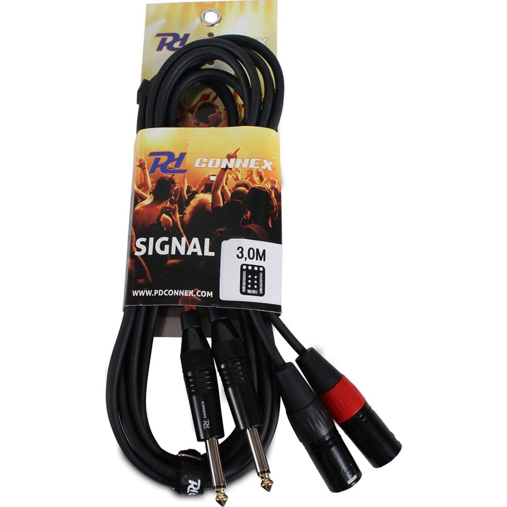 Cable de audio negro con dos conectores jack de 6,3 mm y un conector XLR.