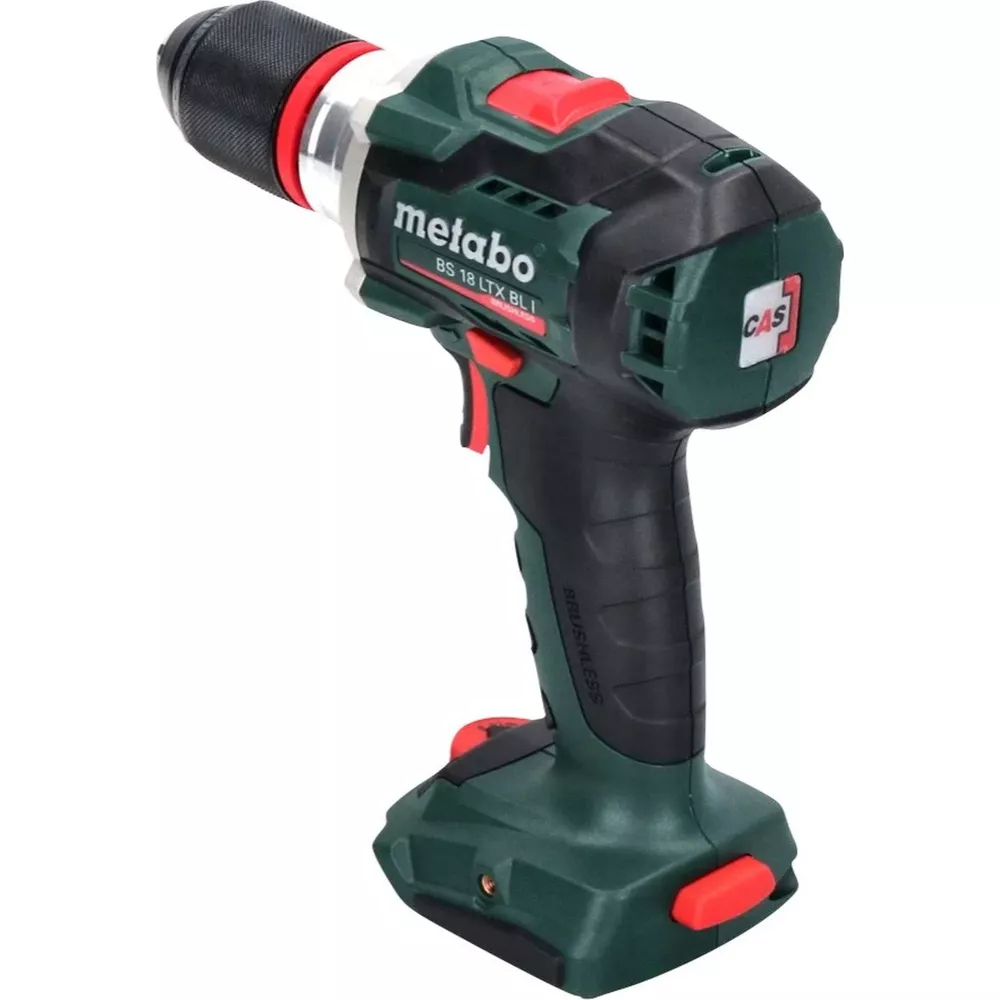 Une perceuse sans fil Metabo verte et noire avec gâchette rouge.